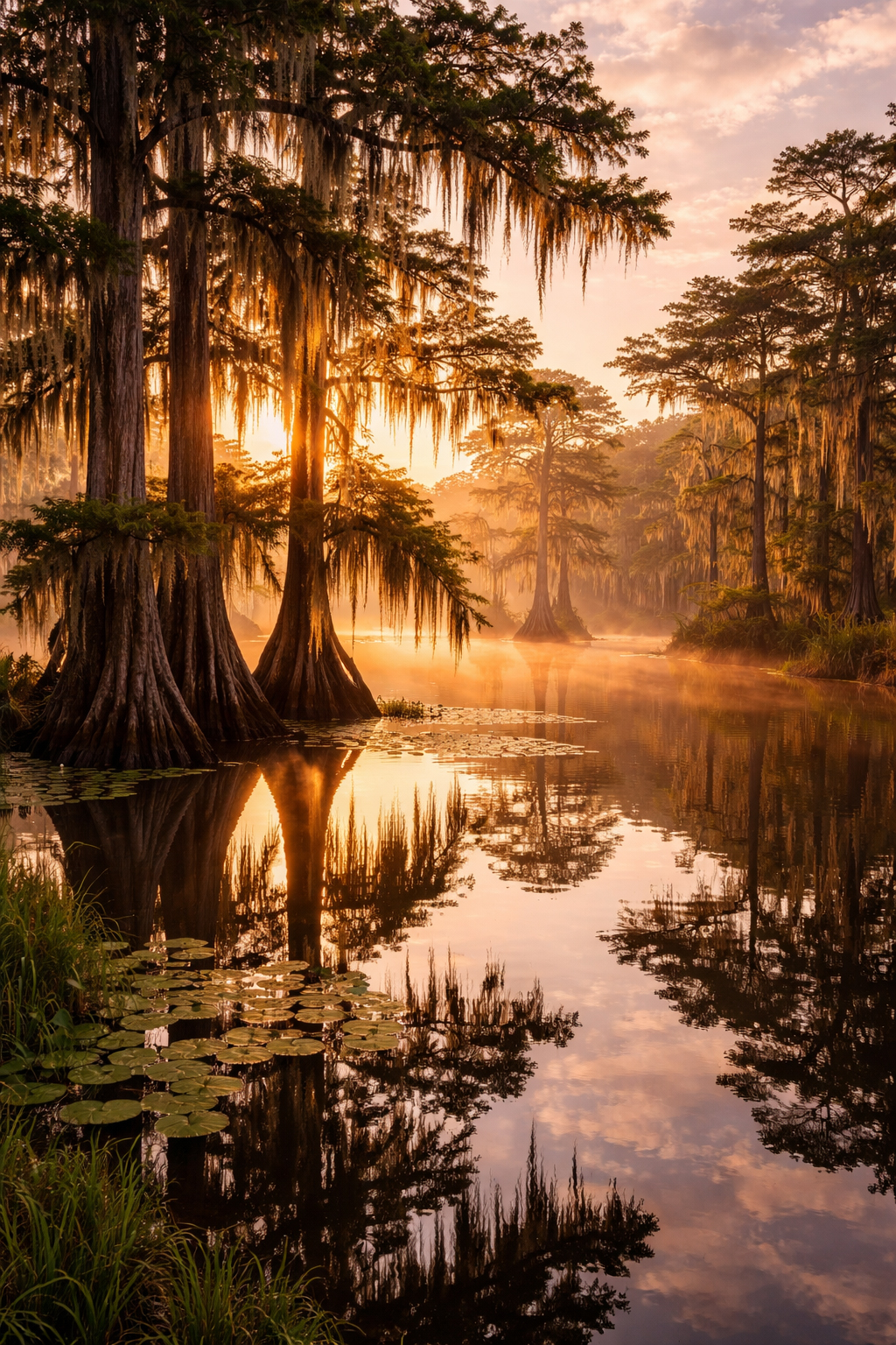 朝の水面に映る糸杉